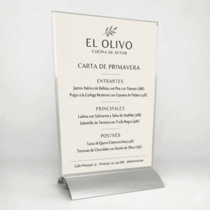 portamenú de metacrilato con base de aluminio