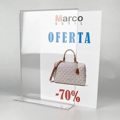 Portacarteles de metacrilato con base de madera